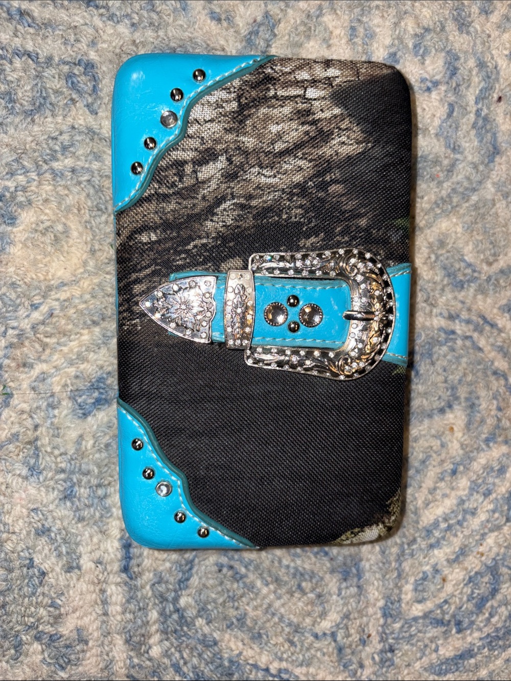 Turquoise and Black Rhinestone Belt Buckle Card Holder - Unbranded